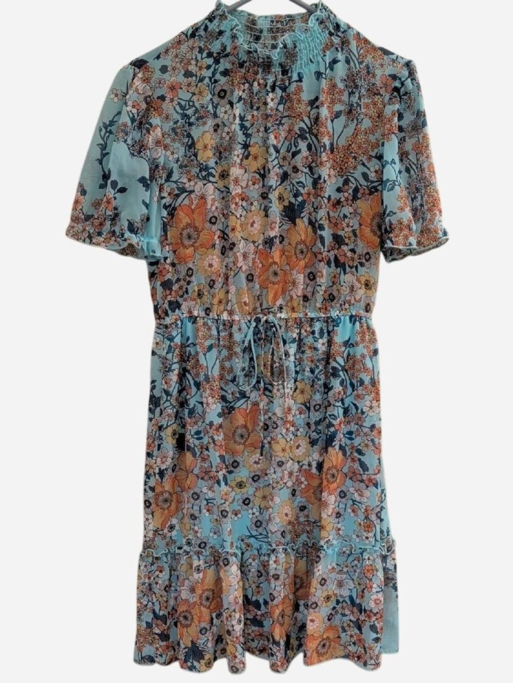 Stella & Julie Light Blue Floral Tie-Waist Dress Size 6 Puff Sleeve Ruffle Hem